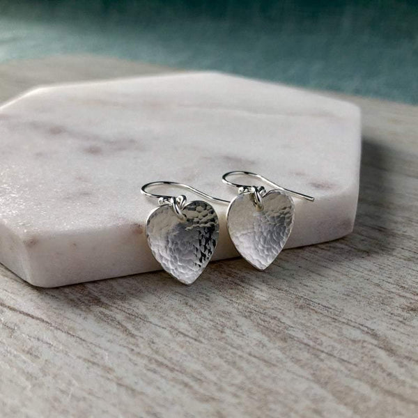Earrings - sterling silver hearts with pretty, hammered finish - Tracy Anne Jewellery