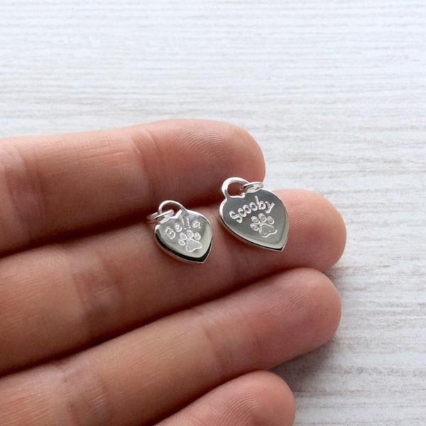 Personalised paw print charm engraved on sterling silver heart