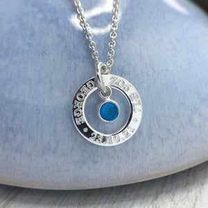 new baby gift, new mum gift, sterling silver necklace with birthstone, engraved with name, birthdate and birth weight
