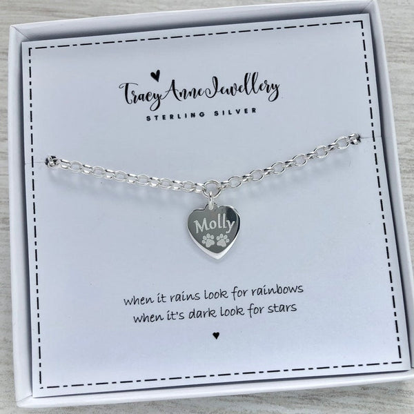 Charm bracelet personalised with name and paw prints