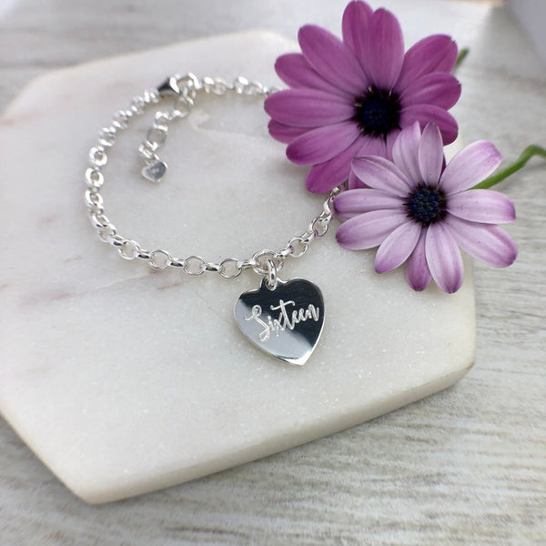 16th birthday gift, sterling silver charm bracelet with name engraved on the back