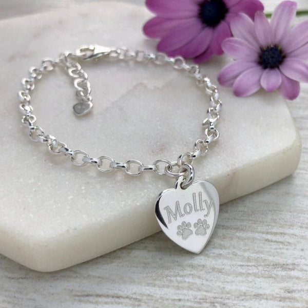 pet name bracelet, gift for cat or dog owner, engraved silver heart