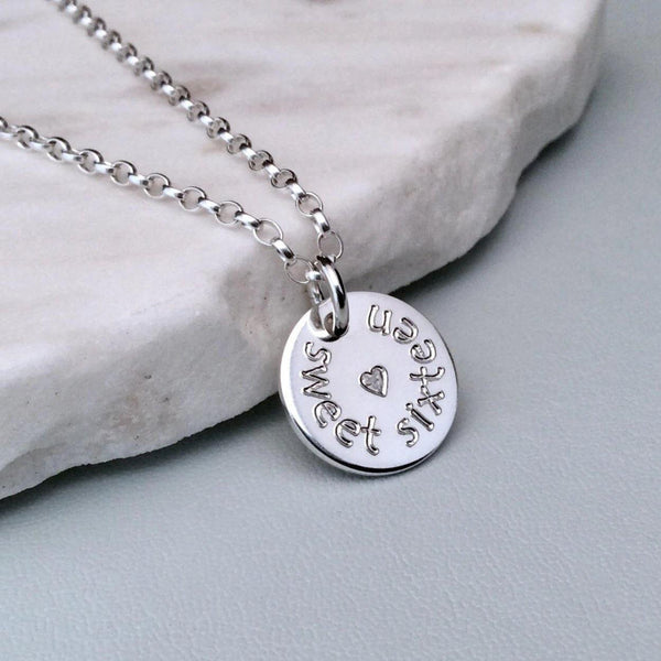 Sweet 16 necklace with birthday girl's name engraved on the back, 12mm - Tracy Anne Jewellery