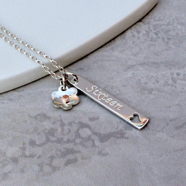 Sweet 16 necklace personalised in sterling silver with pretty flower charm - Tracy Anne Jewellery