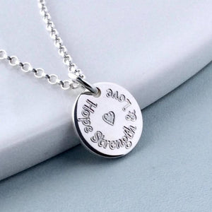 hope strength and love necklace, engraved in sterling silver