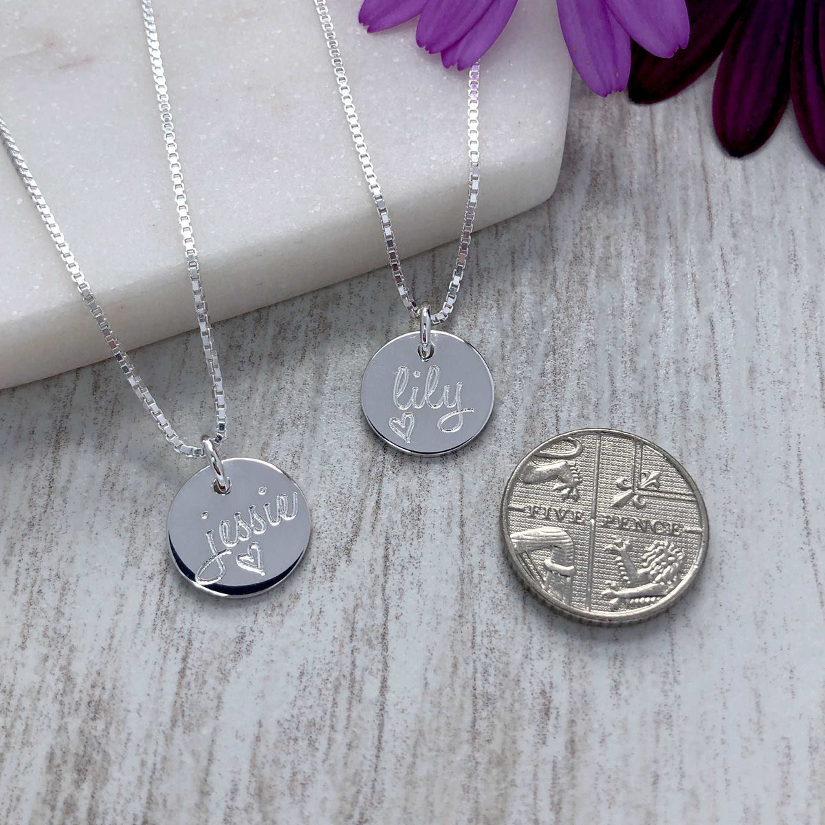 Sterling silver disc hot sale necklace engraved