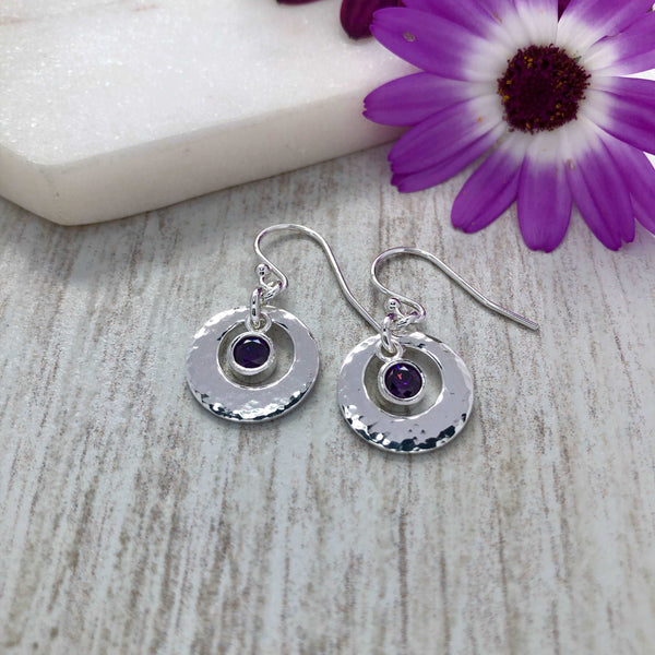 Silver earrings - with birthstone and hammered finish