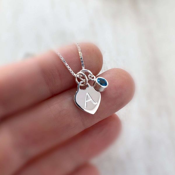Initial necklace with birthstone charm, sterling silver, 10mm wide