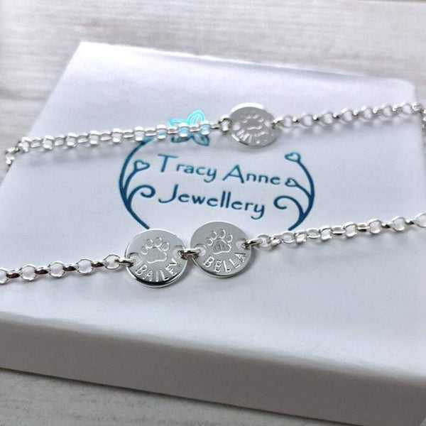 paw print bracelet personalised with pets name, sterling silver