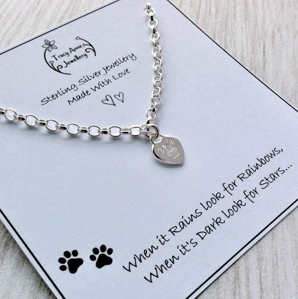 Paw print bracelet with dainty heart charm, personalised with pet's name - Tracy Anne Jewellery