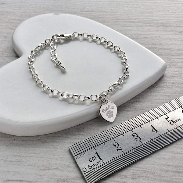 Paw print bracelet with dainty heart charm, personalised with pet's name - Tracy Anne Jewellery