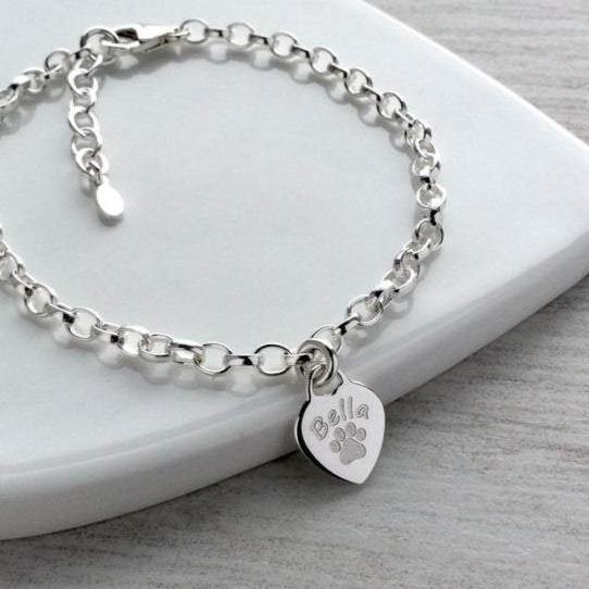 Paw print bracelet with dainty heart charm, personalised with pet's name - Tracy Anne Jewellery
