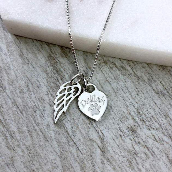 Pet memorial necklace with angel wing charm, personalised with your pet's name - Tracy Anne Jewellery