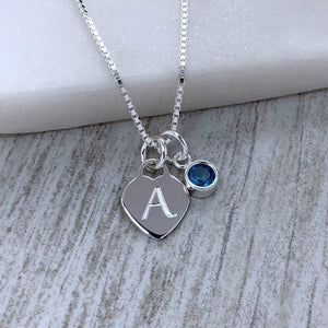 sterling silver initial / monogram necklace with birthstone, small and dainty