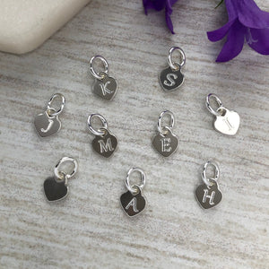 sterling silver letter charms, tiny engraved heart charms 5mm wide