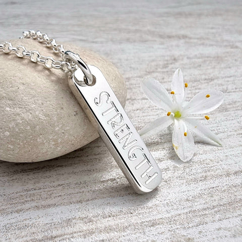strength necklace, engraved sterling silver bar pendant