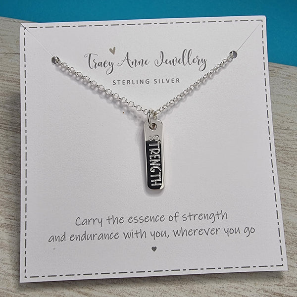 Strength necklace, solid sterling silver bar pendant