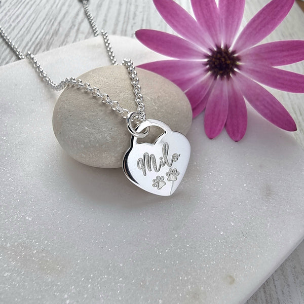 Paw print necklace personalised with name of pet