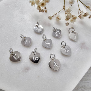 personalised sterling silver heart charms. Initial, letter, monogram charms, engraved