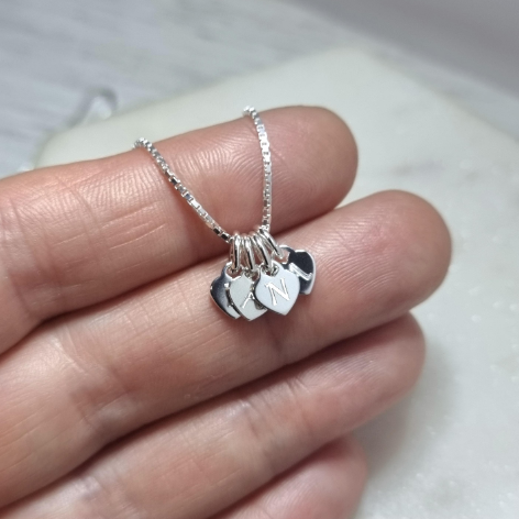 Initial necklace, tiny engraved sterling silver hearts