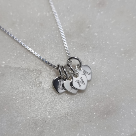 Initial necklace, tiny engraved sterling silver hearts