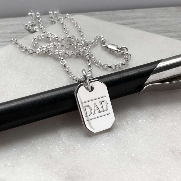 silver dog tag pendant for dad with personalised message engraved on the back