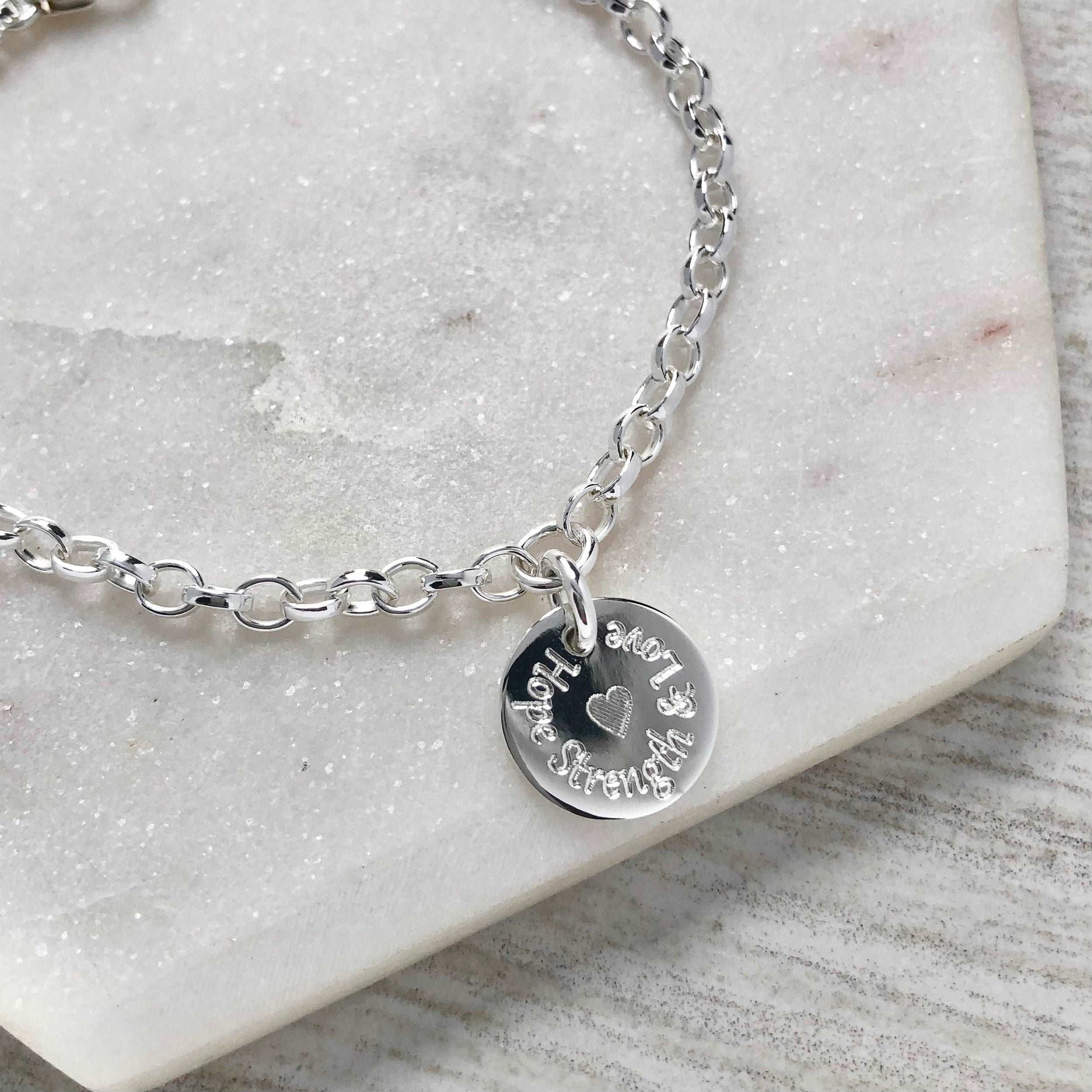 hope strength and love sterling silver charm bracelet