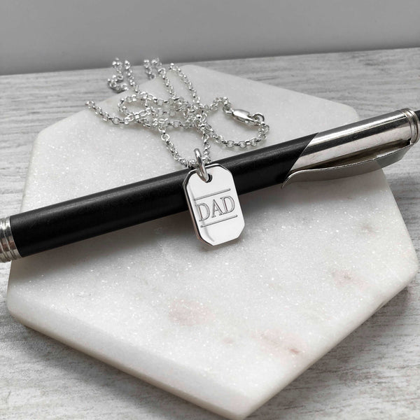 silver dog tag pendant for dad with personalised message engraved on the back