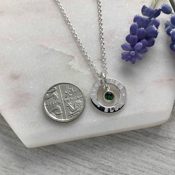 Personalised silver necklace with birthstone, up to three names engraved