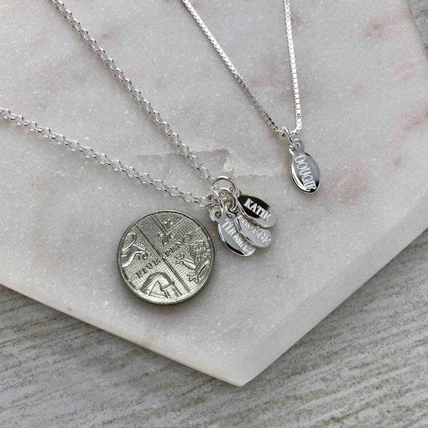 Tiny tag name necklace, sterling silver