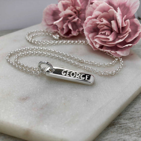 mens necklace, engraved silver bar pendant, personalised in sterling silver