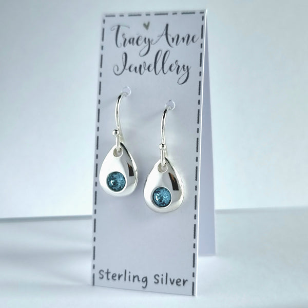 Birthstone earrings, solid sterling silver teardrops with cz crystals