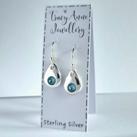 Birthstone earrings, solid sterling silver teardrops with cz crystals
