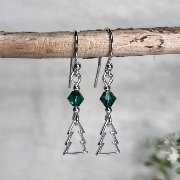 Christmas earrings with sterling silver christmas trees and green crystals