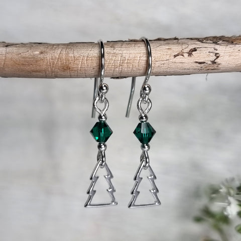 Christmas earrings with sterling silver christmas trees and green crystals