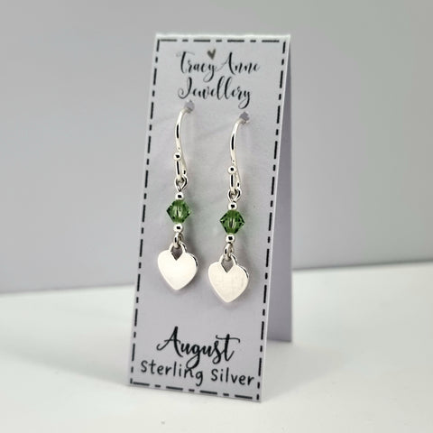Dainty birthstone earrings with solid sterling silver hearts and tiny crystal beads, available in all twelve colours.