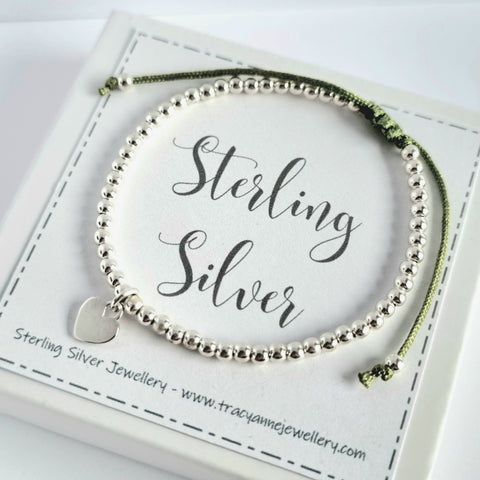 Dainty silver bracelet with heart charm, adjustable with colour choice