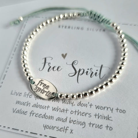 Free Spirit bracelet, delicate sterling silver positive quote gift. Handmade with hardwearing adjustable cord in twelve vibrant colours.