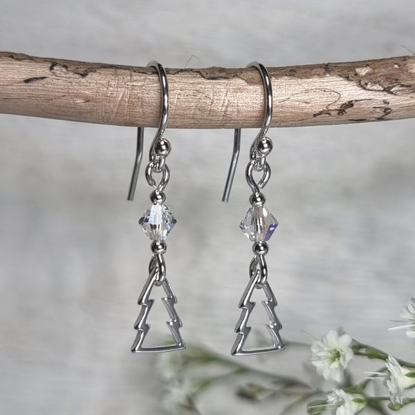 dainty sterling silver earrings with silver Christmas trees and clear crystals