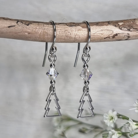 dainty sterling silver earrings with silver Christmas trees and clear crystals