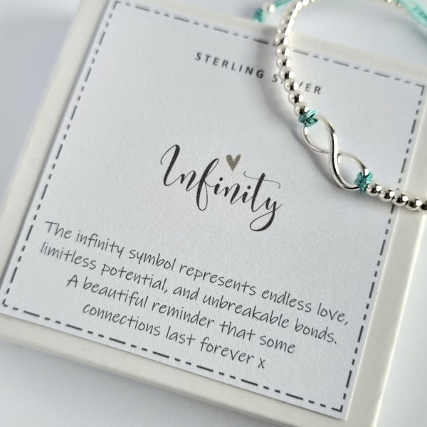 Dainty Infinity bracelet, sterling silver, adjustable with colour choice