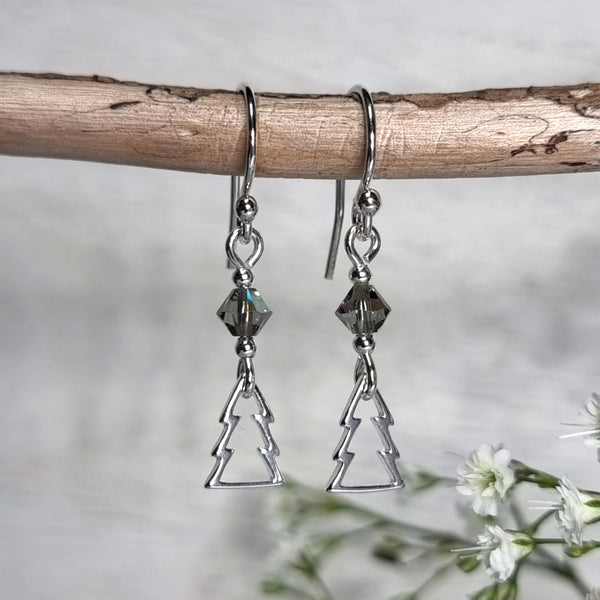 sterling silver Christmas earrings with silver Christmas trees and smoky grey crystals
