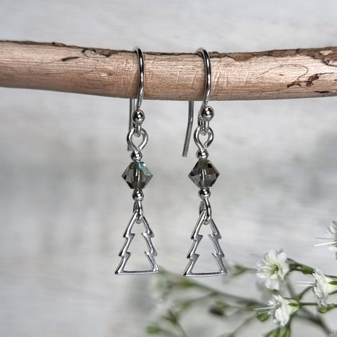 sterling silver Christmas earrings with silver Christmas trees and smoky grey crystals