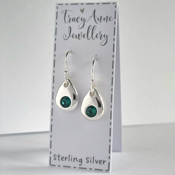 Birthstone earrings, solid sterling silver teardrops with cz crystals