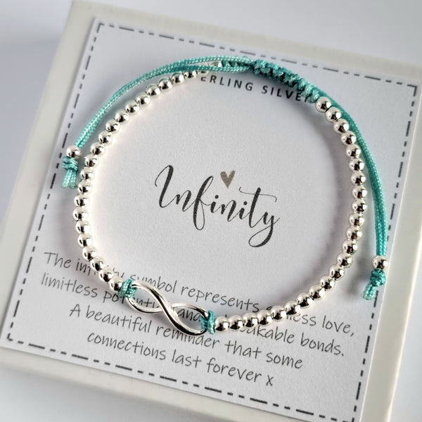 Dainty Infinity bracelet, sterling silver, adjustable with a choice of twelve vibrant colours