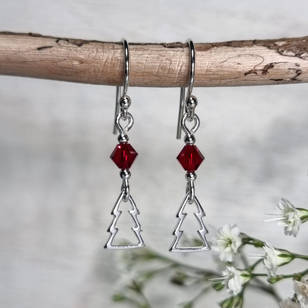 Christmas earrings, sterling silver with red crystals