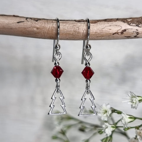 Christmas earrings, sterling silver with red crystals