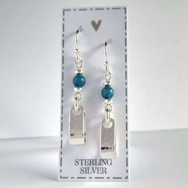 Hammered silver earrings, tribal boho style with blue Apatite beads