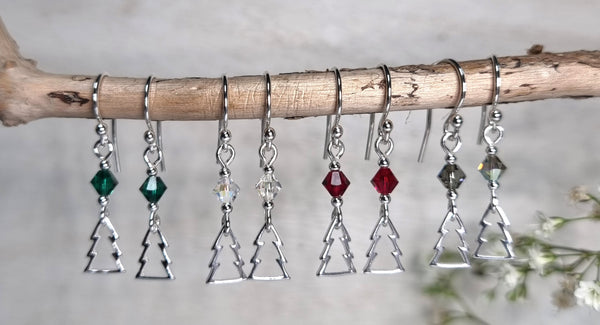 Christmas earrings, sterling silver with smoky grey crystals