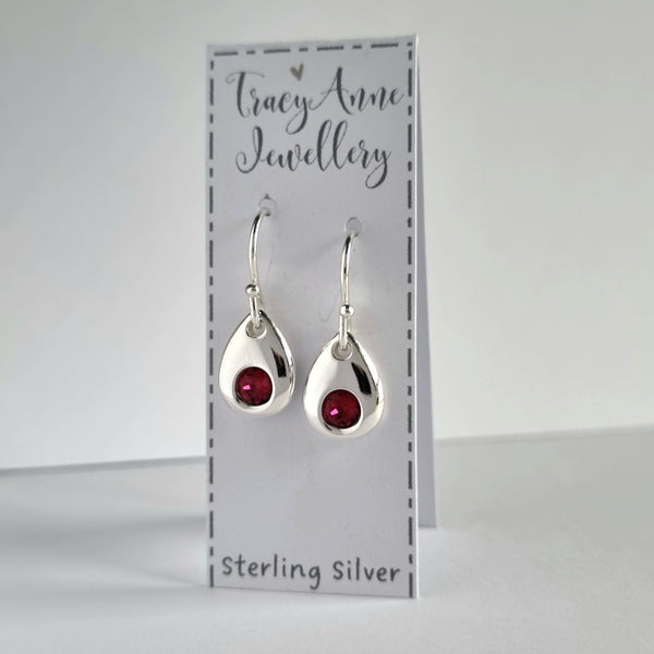 Birthstone earrings, solid sterling silver teardrops with cz crystals
